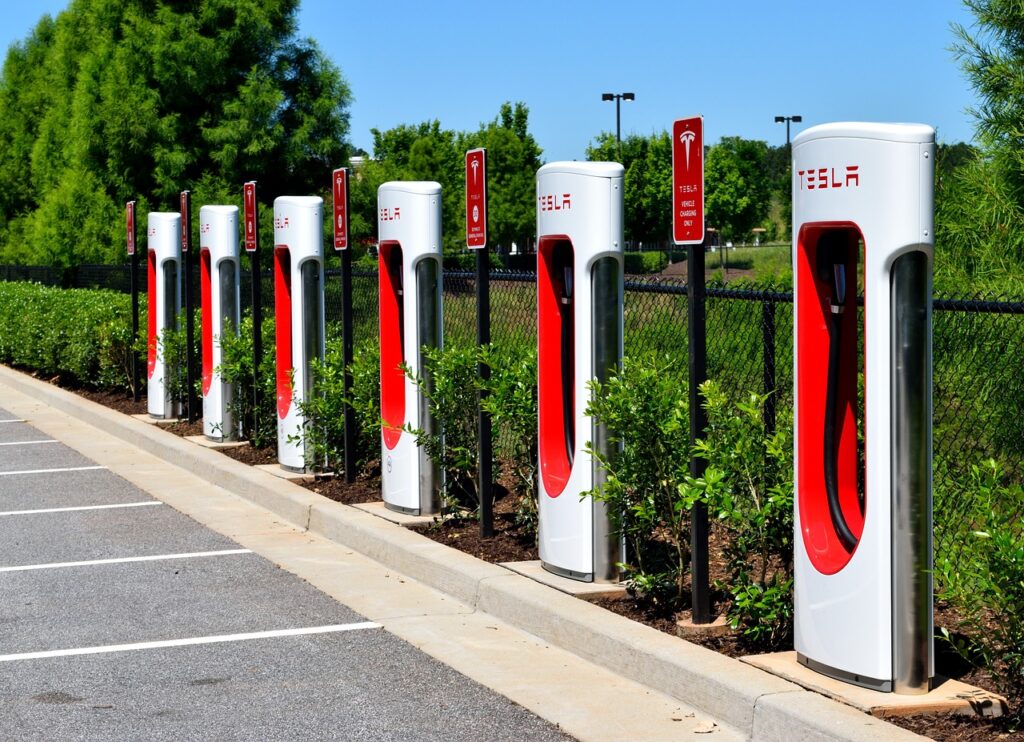 Row of Tesla Superchargers at a charging station in Morris County, NJ.