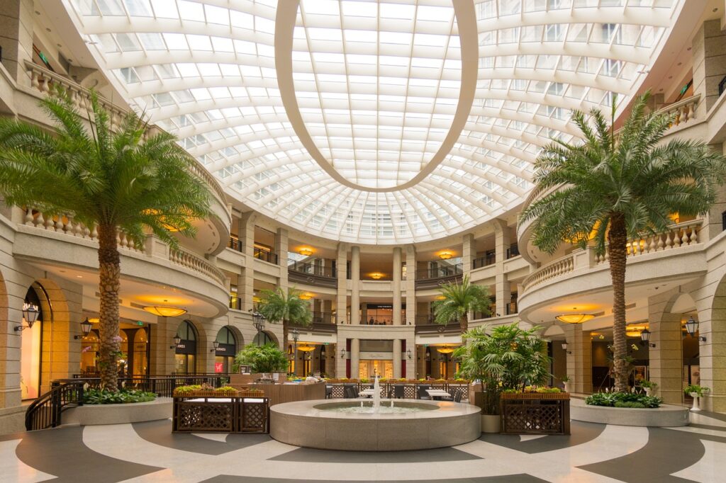 Interior of a luxurious shopping mall with a circular skylight in Morris County, NJ.
